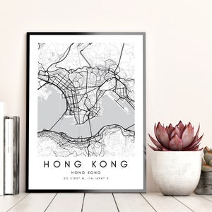 Impression de carte de Hong Kong - Impression de carte minimaliste de Hong Kong - Art d’impression de carte numérique - Œuvre murale imprimable - Impression de coordonnées de Hong Kong