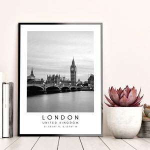 London City Print, London Poster, Unique Wallart Decor, London Skyline, London Black and White Coordinates, United Kingdom Travel Art