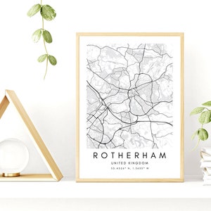 Rotherham kaart minimalistische print - Rotherham minimalistische ingelijste print - Rotherham coördineert Wallart - Engeland ingelijst zwart-wit minimaal