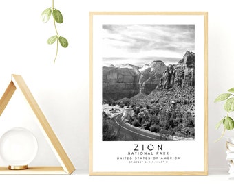 Zion National Park Print - Zion National Park Printable Wall Art - United States Poster Print - Zion Print Art - Black And White Coordinates