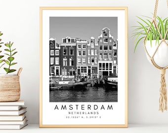 Amsterdam Travel Print, Amsterdam Poster, Unique Wallart Decor, Amsterdam Canals, Amsterdam Black and White Coordinates Home Decor, Holland