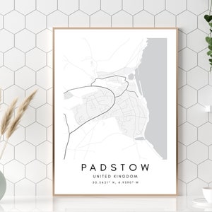 Padstow Minimalist Map Print, Padstow Cornwall coordonne l’impression de la carte pour les voyages ou les souvenirs de la maison, la décoration intérieure, la carte encadrée dans différentes tailles