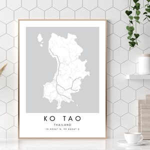 Impression de carte minimaliste de Ko Tao, impression de carte de la Thaïlande, décoration de maison de voyage unique en Asie du Sud-Est avec coordonnées, carte encadrée de différentes tailles