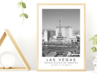 Las Vegas Travel Print, Vegas Poster, Unique Wallart Decor, Las Vegas Skyline, Nevada Black and White Coordinates, United States Travel Art