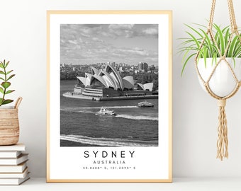 Sydney Print, Sydney Poster, Unique Wallart Decor, Sydney Skyline Black and White Coordinates, Sydney Australia Travel Art