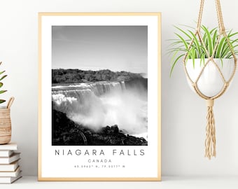 Cartel del Niágara - Cataratas del Niágara Canadá - Impresión moderna de la naturaleza del Niágara - Descarga digital de arte - Arte del lago de Canadá - Coordenadas en blanco y negro