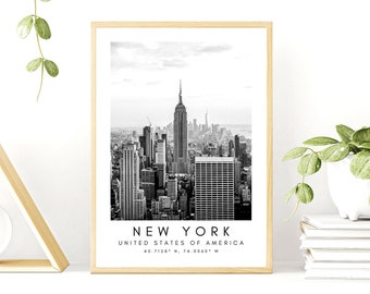 New York Print, New York Poster, Unique Wallart Decor, Empire State Building Black and White Coordinates, United States Wall Art Design