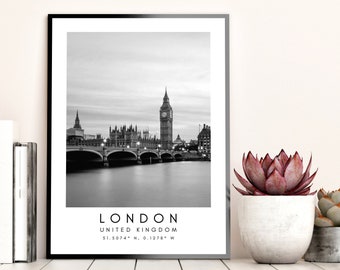 London City Print, London Poster, Unique Wallart Decor, London Skyline, London Black and White Coordinates, United Kingdom Travel Art