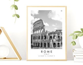 Rome Colosseum Print, Rome Poster, Unique Wallart Decor, Rome Skyline, Rome Black and White Coordinates, Italy, Rome Travel Art