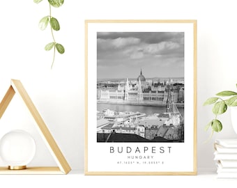 Budapest Travel Print, Budapest Poster, Unique Wallart Decor, Budapest Black and White Coordinates Home Decor, Hungary Minimalist Wallart