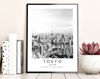 Impression de Tokyo, affiche de Tokyo, décoration murale unique, coordonnées noir et blanc de la ligne d'horizon de Tokyo au Japon, art du voyage au Japon