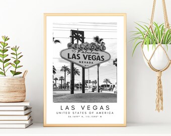 Las Vegas Travel Print, Vegas Poster, Unique Wallart Decor, Las Vegas Skyline, Nevada Black and White Coordinates, United States Travel Art