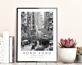Hong Kong Streets Travel Print, HK Poster, Unique Wallart Decor, Hong Kong Skyline, Hong Kong Black and White Coordinates Home Decor