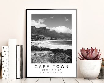 Cape Town Travel Print, Cape Town Poster, Unique Wallart Decor, Cape Town Black and White Coordinates Home Decor, South Africa Wallart