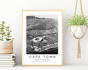 Cape Town Travel Print, Cape Town Poster, Unique Wallart Decor, Cape Town Black and White Coordinates Home Decor, South Africa Wallart