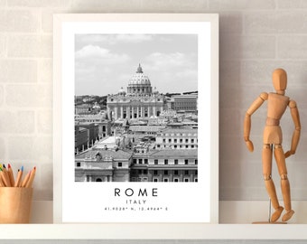 Rome Print, Rome Poster, Unique Wallart Decor, Rome Skyline, Rome Black and White Coordinates, Italy, Rome Travel Art