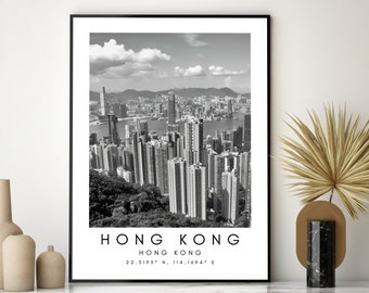 Hong Kong Skyline Travel Print, HK Poster, Unique Wallart Decor, Hong Kong Skyline, Hong Kong Black and White Coordinates Home Decor