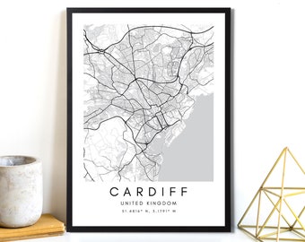 Cardiff Map Art Poster - Map Printable Wall Art Decor - Cardiff Wales Poster Art - Print Map Art Travel - Black and White Coordinates