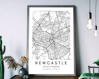 Newcastle Map Print - Newcastle Wall Art Print - Newcastle Decor Art Work – Newcastle Printable Map Art - United Kingdom Minimalist Maps