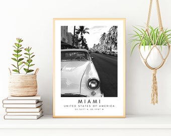 Miami Poster - Miami Palm Tree Print - America Wall Art - Print Of Miami - USA Wall Decor - Black And White Coordinates - Miami South Beach