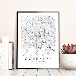 May include: Black and white printable map of Coventry, United Kingdom. The map shows the city streets and landmarks. The text at the bottom reads "Coventry, United Kingdom, 52.4068&deg; N, 1.5197&deg; W."