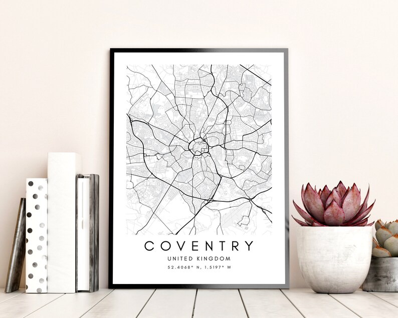 May include: Black and white printable map of Coventry, United Kingdom. The map shows the city streets and landmarks. The text at the bottom reads "Coventry, United Kingdom, 52.4068&deg; N, 1.5197&deg; W."