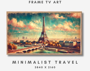 Eiffel Tower TV Canvas Art - Parisian Chic Minimalist Painting, Colourful Paris Decor, Frame TV Art Vintage, Samsung TV Art