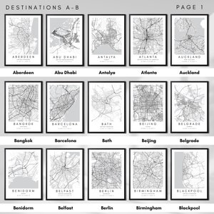 May include: A collage of 25 black and white city maps with the city name and country below each map. The maps are arranged in five rows of five maps each. The title "DESTINATIONS A-B" is at the top left of the image and "PAGE 1" is at the top right.