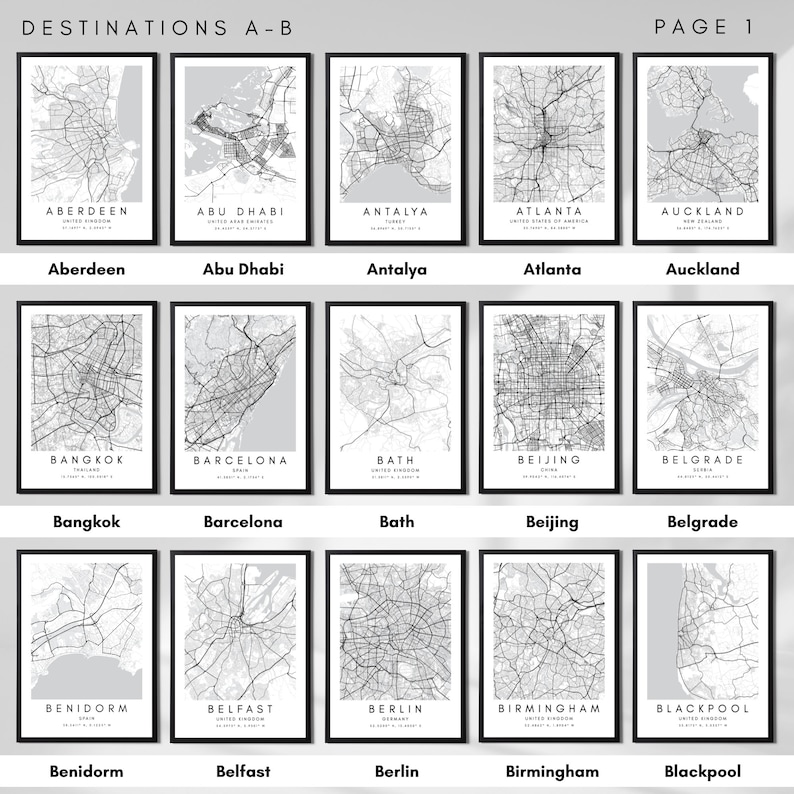 May include: A collage of 25 black and white city maps with the city name and country below each map. The maps are arranged in five rows of five maps each. The title "DESTINATIONS A-B" is at the top left of the image and "PAGE 1" is at the top right.