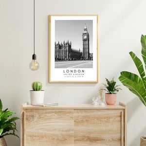 London City Print, London Poster, Unique Wallart Decor, London Big Ben, London Black and White Coordinates, United Kingdom Travel Art image 10