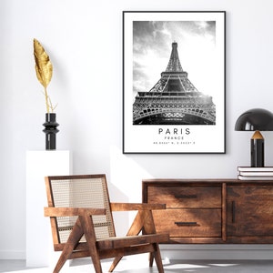 Paris, France Travel Print, Paris Poster, Unique Wallart Decor, Paris Eiffel Tower Black and White Coordinates, France Wall Art Design image 10