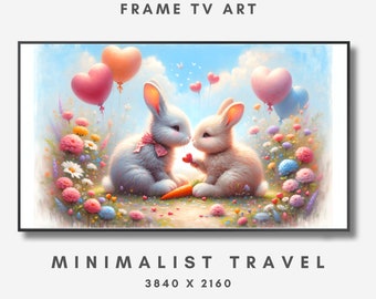 Valentines Day Bunny Art File, Watercolour Valentines Digital TV Canvas Art, Cute Bunny Love For Samsung TV Art
