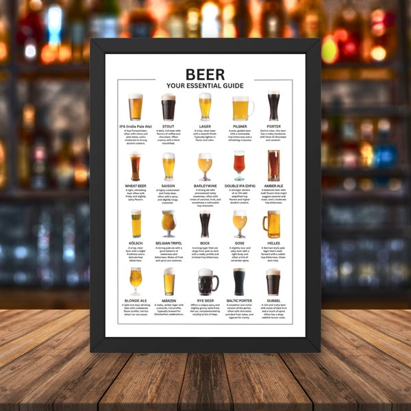 Beer Your Essential Guide, 20 Unique Beer Illustrations and Descriptions, Kitchen and Bar Wall Art, A3 & A4 Poster, Framed/Unframed