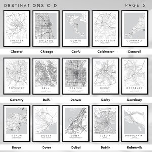 May include: A collage of 25 black and white city maps with the city name and country below each map. The maps are arranged in five rows of five. The cities are Chester, Chicago, Corfu, Colchester, Cornwall, Coventry, Delhi, Denver, Derby, Dewsbury, Devon, Dover, Dubai, Dublin, and Dubrovnik.