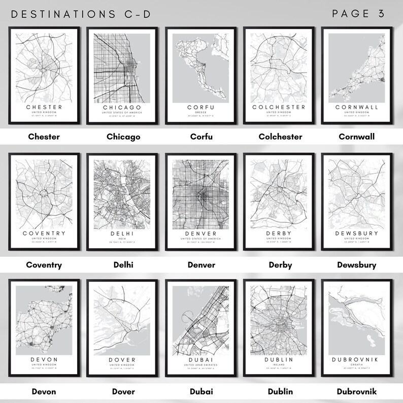 May include: A collage of 25 black and white city maps with the city name and country below each map. The maps are arranged in five rows of five. The cities are Chester, Chicago, Corfu, Colchester, Cornwall, Coventry, Delhi, Denver, Derby, Dewsbury, Devon, Dover, Dubai, Dublin, and Dubrovnik.