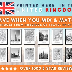 K&ouml;nnte beinhalten: Eine Collage aus 12 Schwarzwei&szlig;-Stadtbilddrucken mit dem Text "PRINTED HERE IN THE UNITED KINGDOM" und "SAVE WHEN YOU MIX & MATCH CHOOSE FROM HUNDREDS OF TRAVEL PRINTS" oben und "OVER 1000 5 STAR REVIEWS" unten.