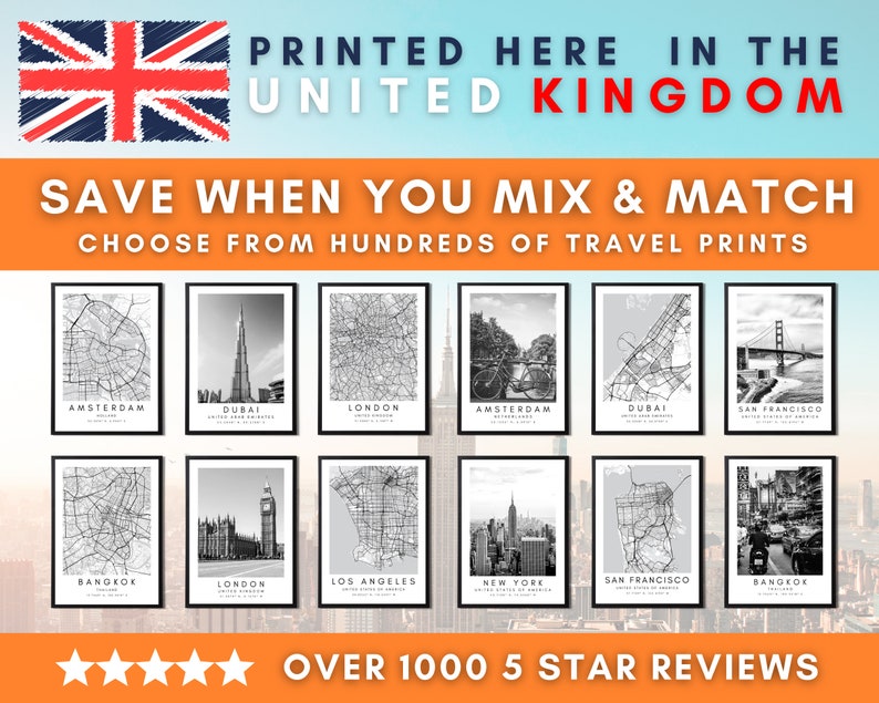 K&ouml;nnte beinhalten: Eine Collage aus 12 Schwarzwei&szlig;-Stadtbilddrucken mit dem Text "PRINTED HERE IN THE UNITED KINGDOM" und "SAVE WHEN YOU MIX & MATCH CHOOSE FROM HUNDREDS OF TRAVEL PRINTS" oben und "OVER 1000 5 STAR REVIEWS" unten.