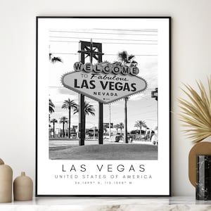 Las Vegas Travel Print, Vegas Poster, Unique Wallart Decor, Las Vegas Skyline, Nevada Black and White Coordinates, United States Travel Art image 3