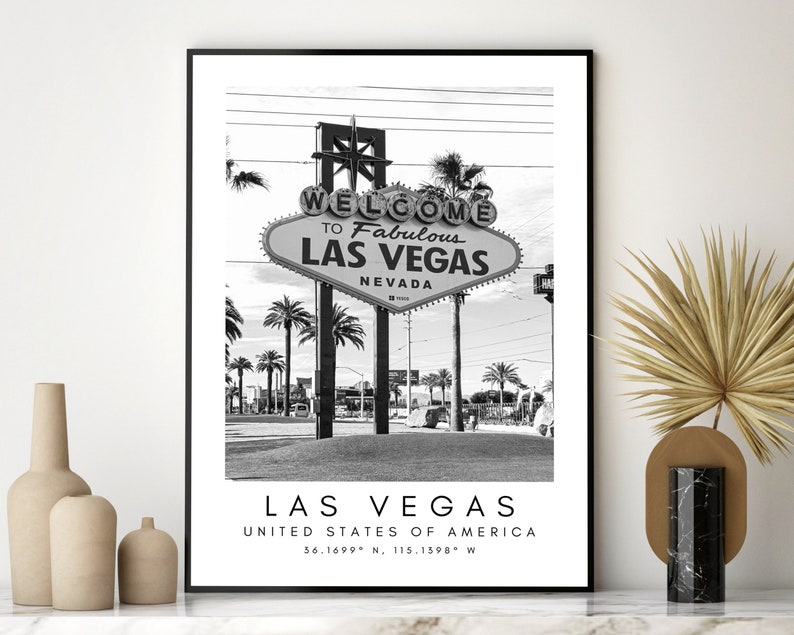 Las Vegas Travel Print, Vegas Poster, Unique Wallart Decor, Las Vegas Skyline, Nevada Black and White Coordinates, United States Travel Art image 3