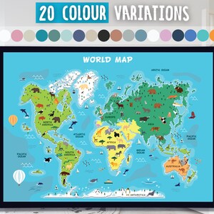 Kinderwereldkaart poster, 20 kleurvariaties, dierenwereldkaart voor kinderen speelkamer/slaapkamer, kinderkamer print, ingelijste wereldkaart print, safari kunst