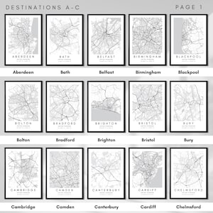 Impressions de cartes minimalistes de la ville du Royaume-Uni en noir et blanc, sélection de plus de 80 villes du Royaume-Uni, affiches de destinations de voyage minimalistes avec coordonnées