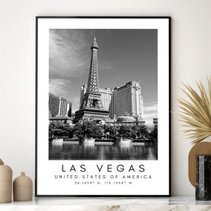 Impresión de viajes de Las Vegas, cartel de Las Vegas, decoración única de Wallart, horizonte de Las Vegas, coordenadas en blanco y negro de Nevada, arte de viajes de Estados Unidos