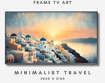 Serene Santorini Sunrise - Hand-Painted Style Canvas Art, Minimalist Greek Island Dawn Wall Art, Vintage Pastel Decor for Samsung TV Art