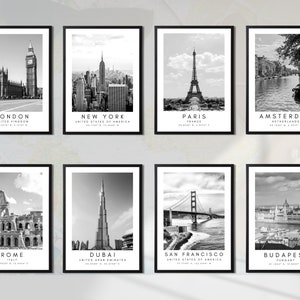 Custom City Landmarks Prints in Black & White, Selection of 80 Global Cities, Travel Destination Posters with Coordinates