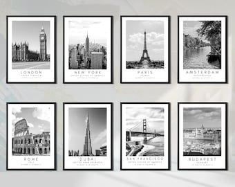 Impressions personnalisées de monuments de la ville en noir et blanc, sélection de 80 villes du monde, affiches de destinations de voyage avec coordonnées