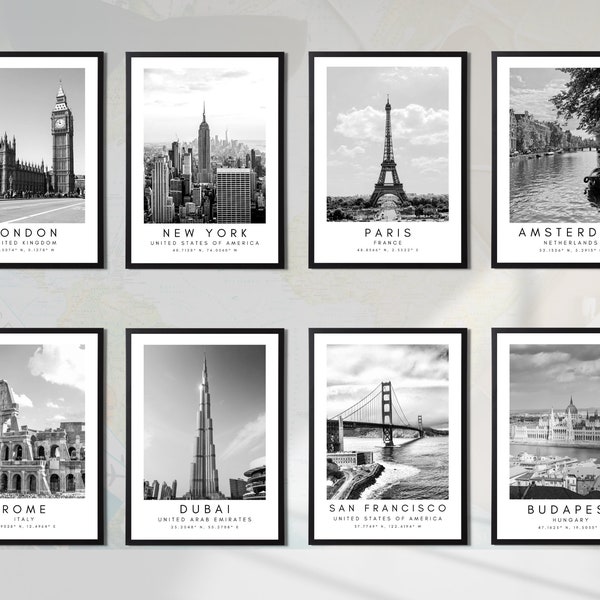 Impressions personnalisées de monuments de la ville en noir et blanc, sélection de 80 villes du monde, affiches de destinations de voyage avec coordonnées