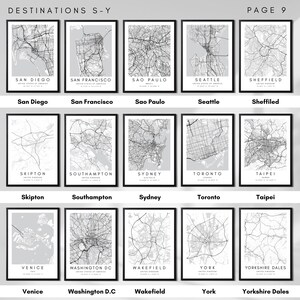 May include: A collage of 15 black and white city maps with the city name printed below each map. The city names are San Diego, San Francisco, Sao Paulo, Seattle, Sheffiled, Skipton, Southampton, Sydney, Toronto, Taipei, Venice, Washington D.C, Wakefield, York, and Yorkshire Dales.