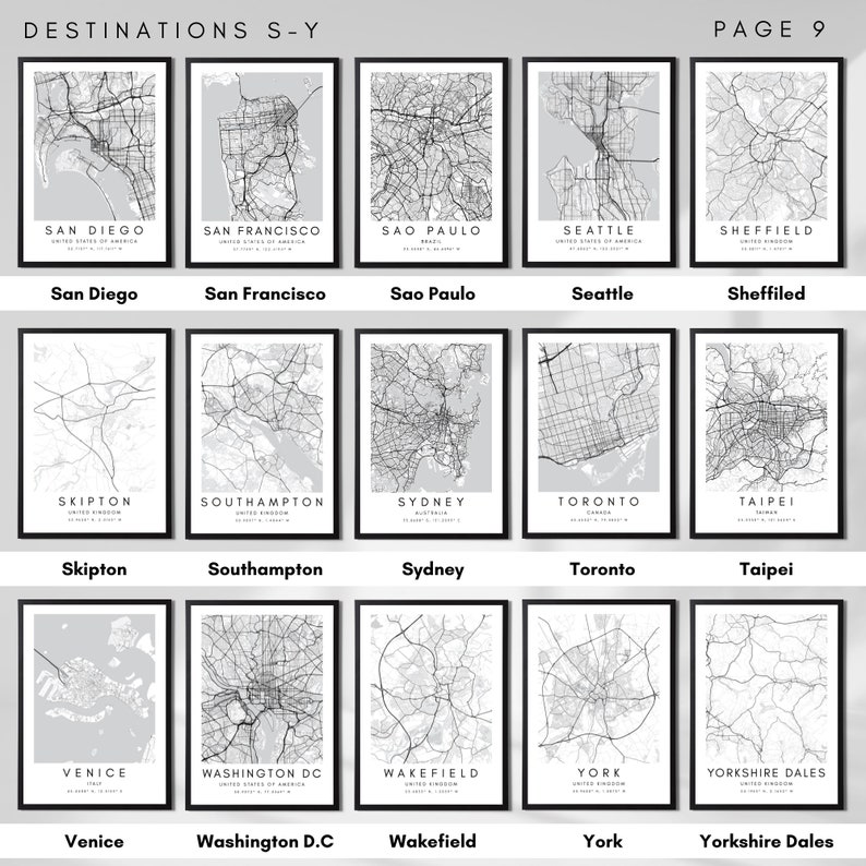 May include: A collage of 15 black and white city maps with the city name printed below each map. The city names are San Diego, San Francisco, Sao Paulo, Seattle, Sheffiled, Skipton, Southampton, Sydney, Toronto, Taipei, Venice, Washington D.C, Wakefield, York, and Yorkshire Dales.