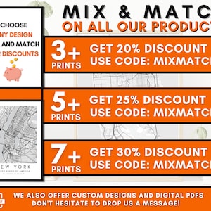 May include: A graphic with an orange background and white text. It shows a discount offer for buying multiple prints. The text reads "Mix & Match on all our products".  The discount is 20% for 3+ prints, 25% for 5+ prints, and 30% for 7+ prints.  The discount codes are MIXMATCH20, MIXMATCH25, and MIXMATCH30.  The graphic also includes a small image of a piggy bank and a map of New York City.
