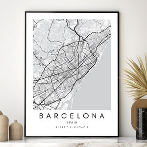 Barcelona minimalistische muurkunst - Barcelona City Print - minimalistische afdrukbare kaart - moderne Spanje Barcelona kaart - zwart-wit coördinaten
